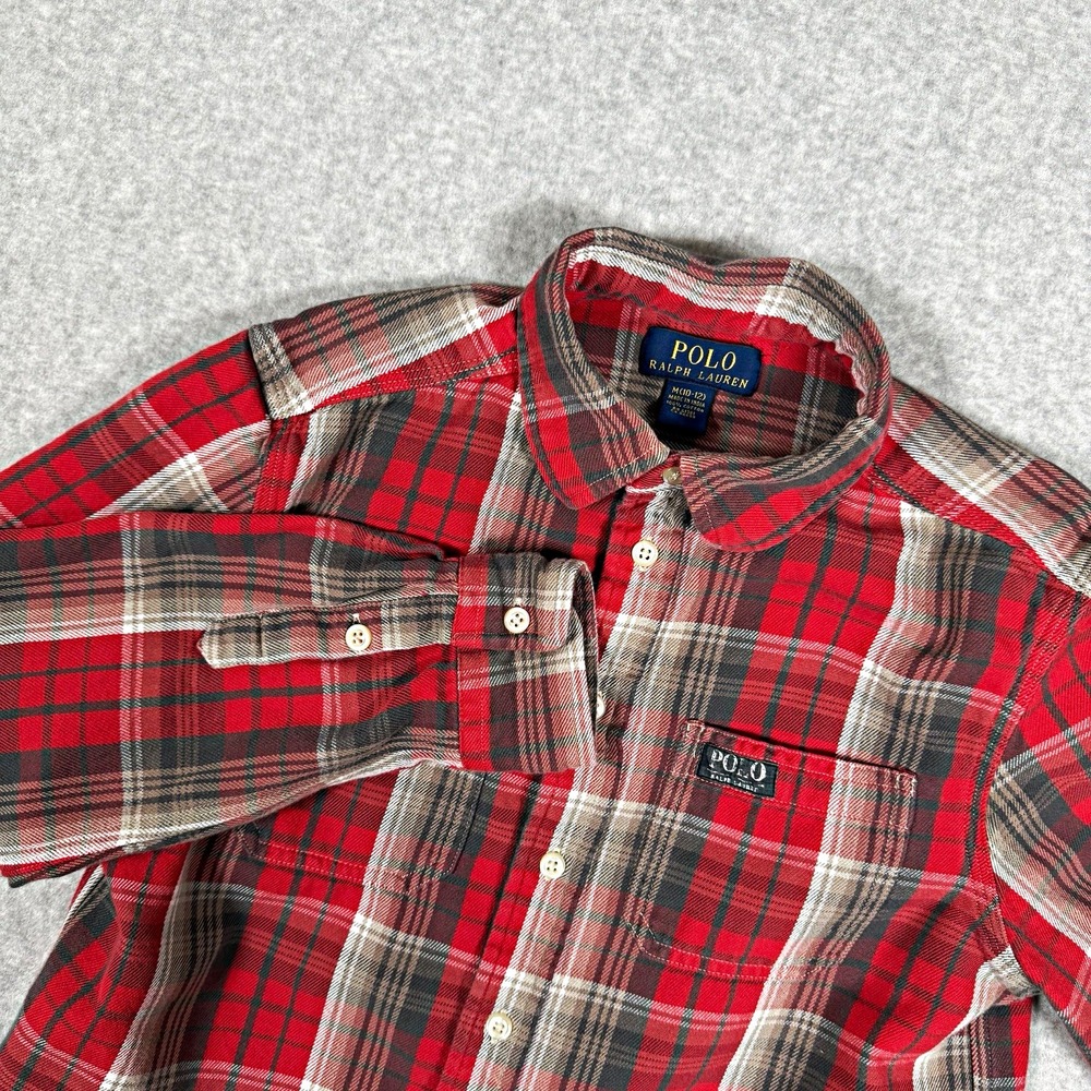 Polo Ralph Lauren Boys M 10-12 Red Gray White Plaid Long Sleeve Button-Up Shirt